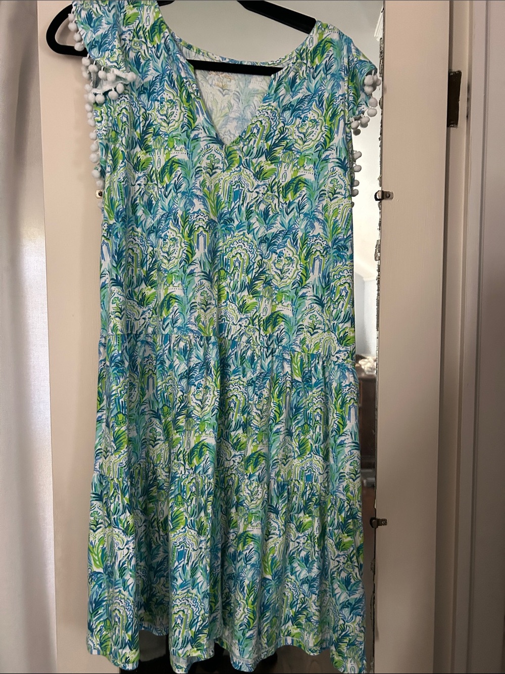 Lilly Pulitzer Blue, Green & White Floral Pom-Pom Midi Dress